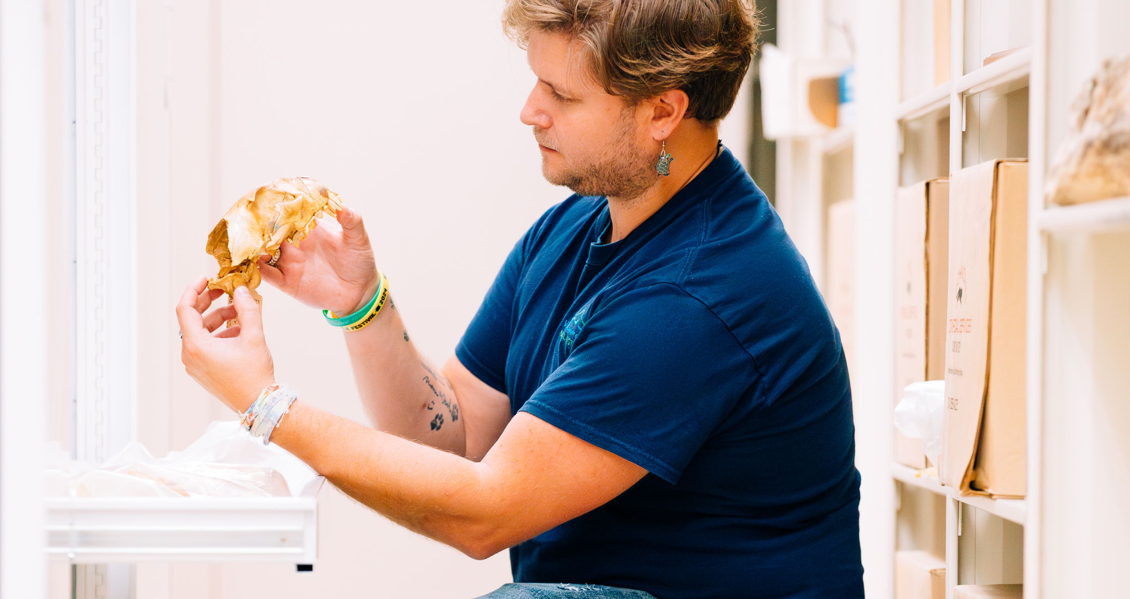 Marshall Boyd examining a specimen inside the museum's scientific collections